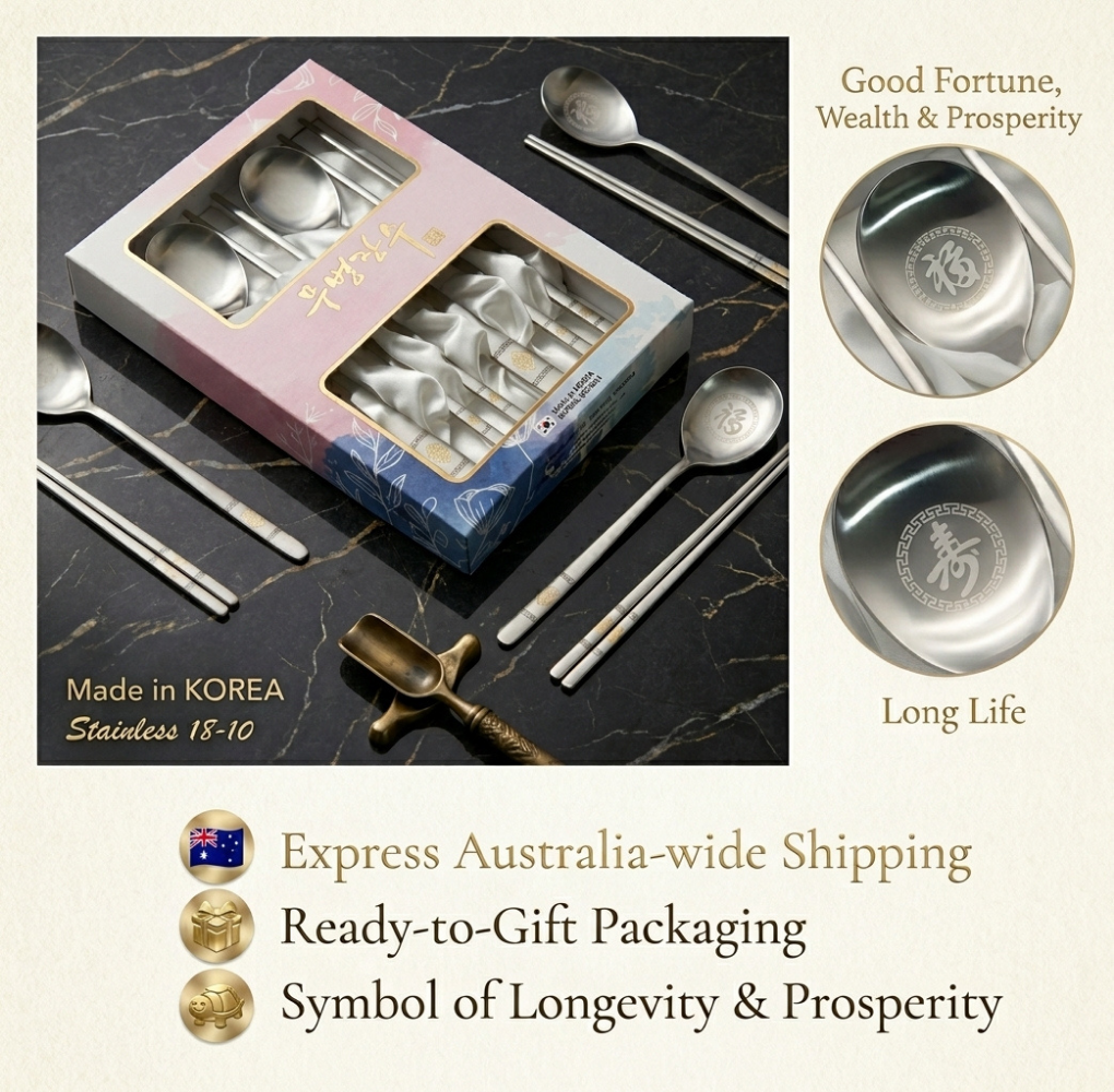 Korean Traditional Turtle Cutlery Set for 2 | Premium Stainless Steel 18/10 Gift Box with BoJagi Wrap