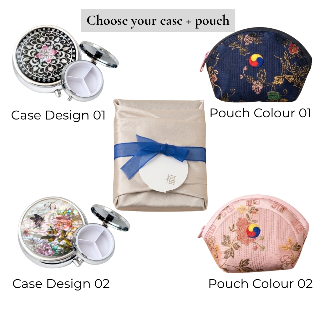 Korean Mother-of-Pearl Pill & Jewelry Case Gift Set – Pouch & Bojagi Wrapping