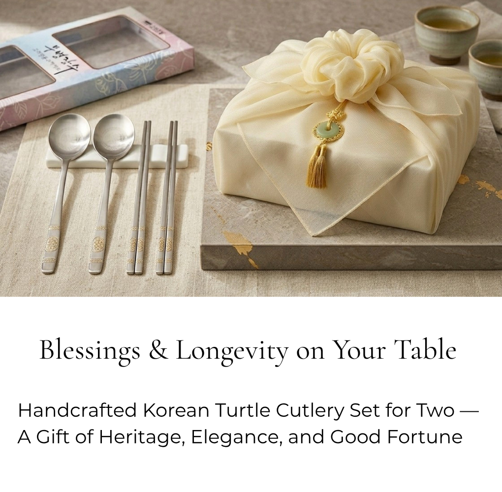 Korean Traditional Turtle Cutlery Set for 2 | Premium Stainless Steel 18/10 Gift Box with BoJagi Wrap