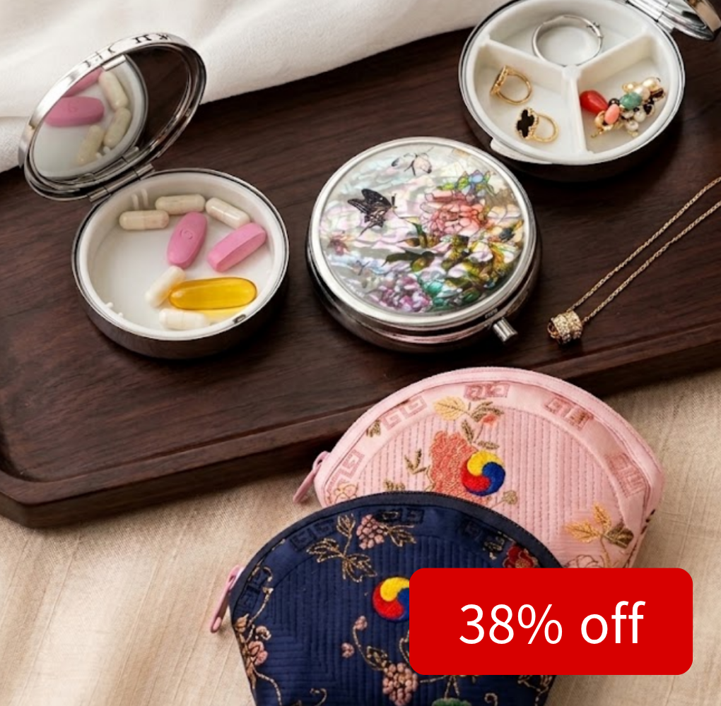 Korean Mother-of-Pearl Pill & Jewelry Case Gift Set – Pouch & Bojagi Wrapping